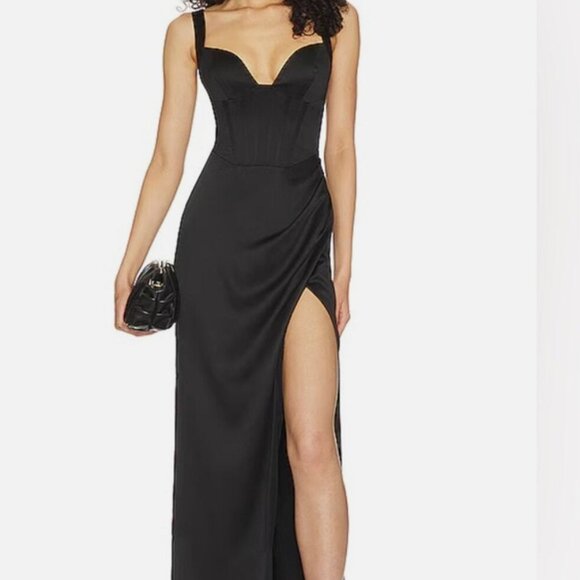 NBD Dresses & Skirts - NBD Elodie Maxi Dress black satin bustier corset Gown XS NEW WITH TAGS